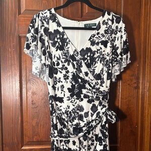 Lauren Ralph Lauren Black and White Floral Faux-Wrap Dress
